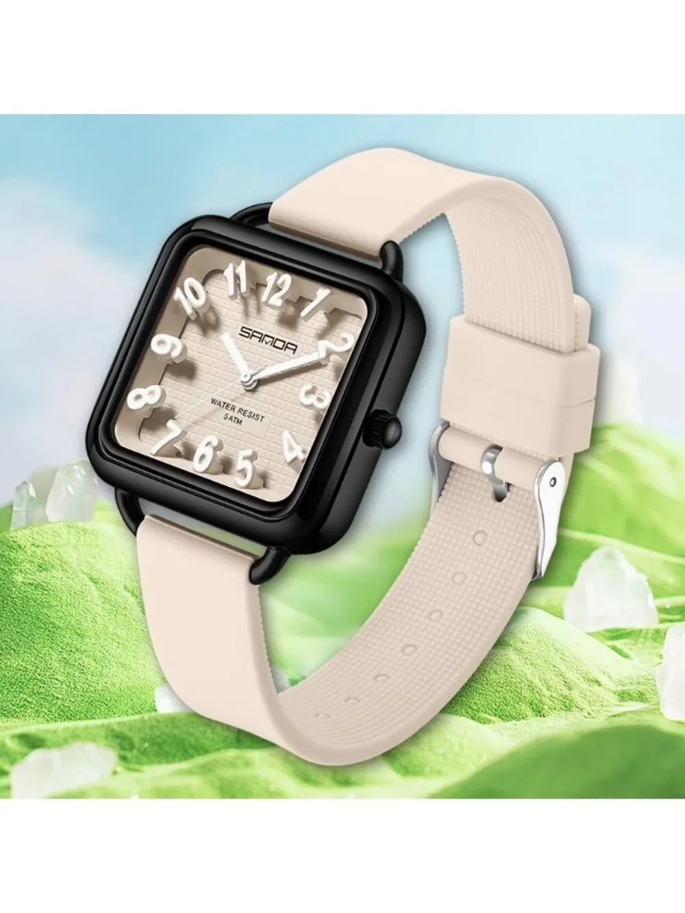 Women’s Apricot  Big Arabic Numbers Silicone Strap Analog Square Wrist Watch